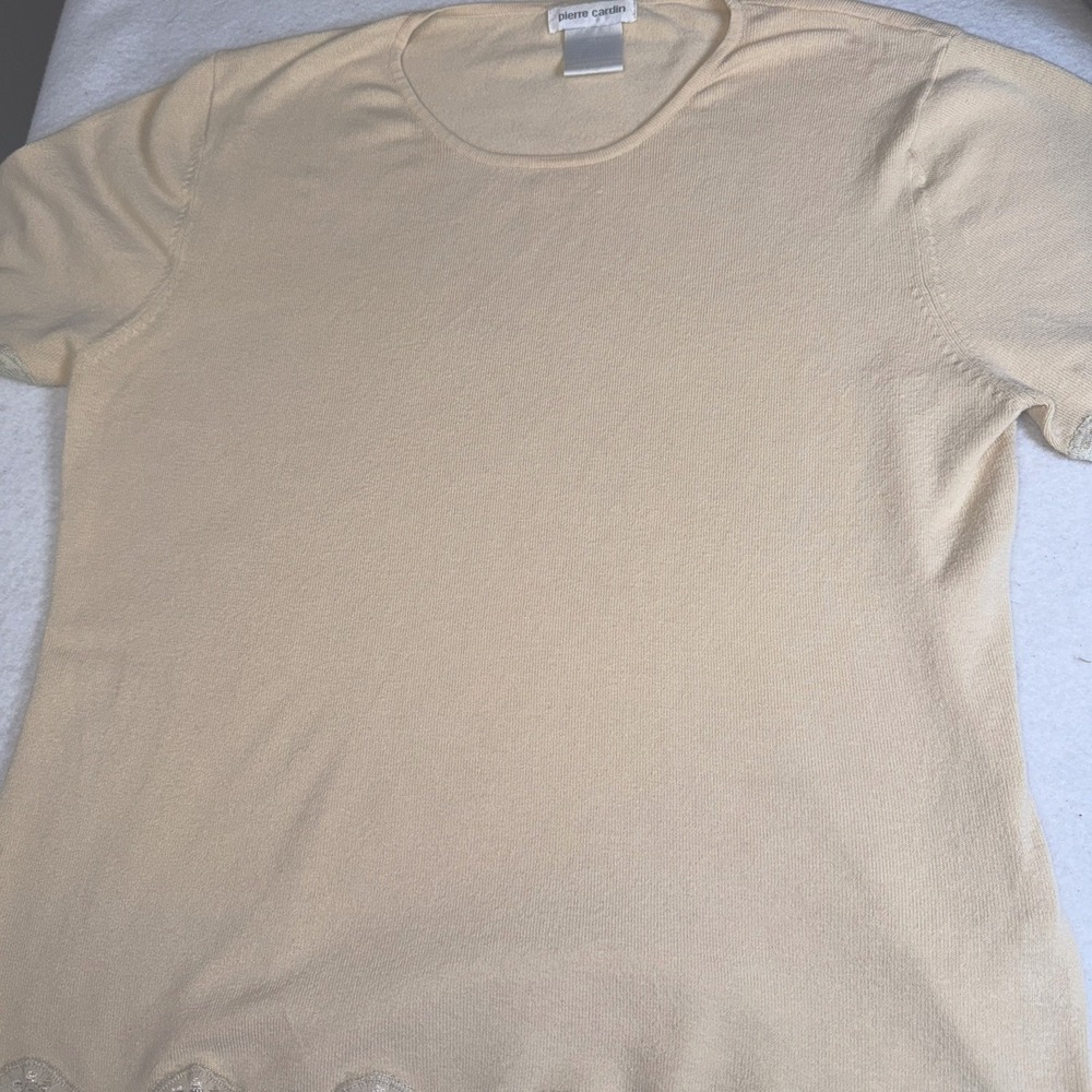 VTG Pierre Cardin Knit Short Sleeve Top Cream Beige Crochet Lace Trim Size XL